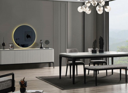  Esszimmer Set 8tlg.Esstisch 4x Stühle Spiegel Anrichte Bank Helles Farbe